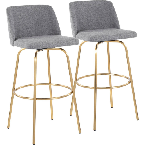 Toriano 30" Swivel Bar Stool in Grey Fabric & Gold w/ Round Footrest (Set of 2)